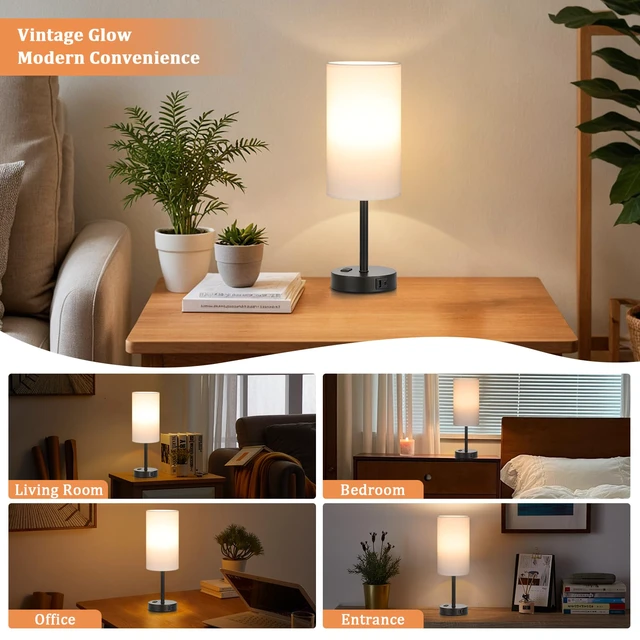 Alt view image 4 of 7 - Touch Bedside Table Lamps Set of 2 - Bedroom Lamp with USB A+C, AC Outlet 3-Way Dimmable, LED Bulb Included, White Fabric Lampshade, Matte Black Metal Base & Pole,17" Tall Nightstand Lamp for Desk
