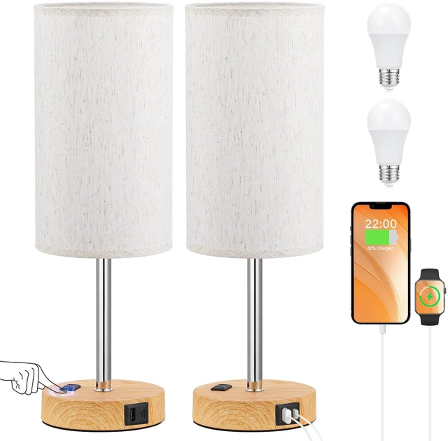 Main image of Touch Bedside Table Lamps Set of 2 - Bedroom Lamp with USB A+C, AC Outlet 17" Tall Nightstand Lamp for Dorm, 3-Way Dimmable, LED Bulb Included, Linen-Texture Fabric Lampshade, Wood-Grain Metal Base