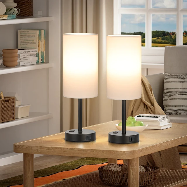 Alt view image 7 of 7 - Touch Bedside Table Lamps Set of 2 - Bedroom Lamp with USB A+C, AC Outlet 3-Way Dimmable, LED Bulb Included, White Fabric Lampshade, Matte Black Metal Base & Pole,17" Tall Nightstand Lamp for Desk