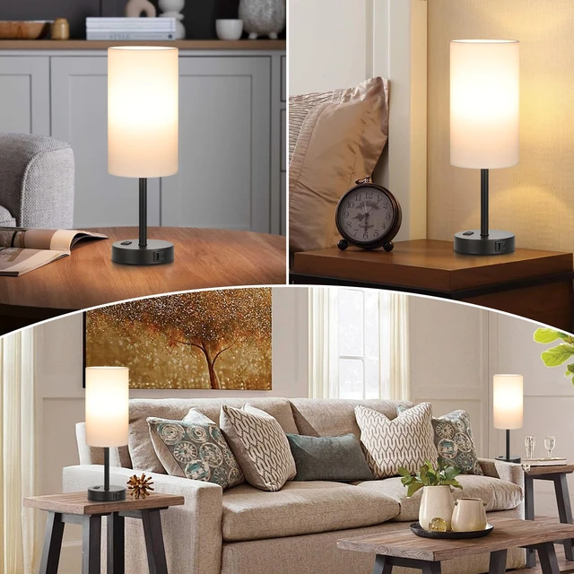 Alt view image 5 of 7 - Touch Bedside Table Lamps Set of 2 - Bedroom Lamp with USB A+C, AC Outlet 3-Way Dimmable, LED Bulb Included, White Fabric Lampshade, Matte Black Metal Base & Pole,17" Tall Nightstand Lamp for Desk