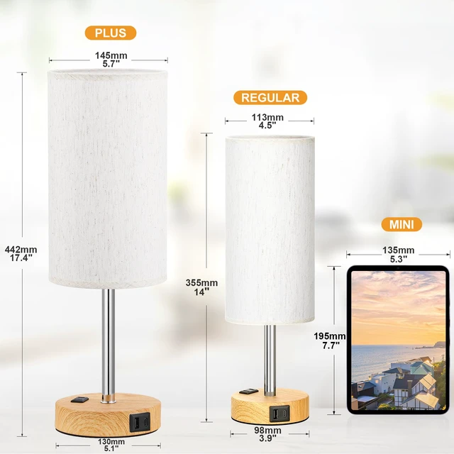 Alt view image 2 of 7 - Touch Bedside Table Lamps Set of 2 - Bedroom Lamp with USB A+C, AC Outlet 17" Tall Nightstand Lamp for Dorm, 3-Way Dimmable, LED Bulb Included, Linen-Texture Fabric Lampshade, Wood-Grain Metal Base