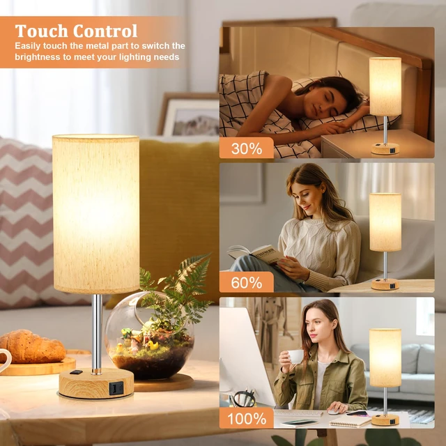 Alt view image 3 of 7 - Touch Bedside Table Lamps Set of 2 - Bedroom Lamp with USB A+C, AC Outlet 17" Tall Nightstand Lamp for Dorm, 3-Way Dimmable, LED Bulb Included, Linen-Texture Fabric Lampshade, Wood-Grain Metal Base