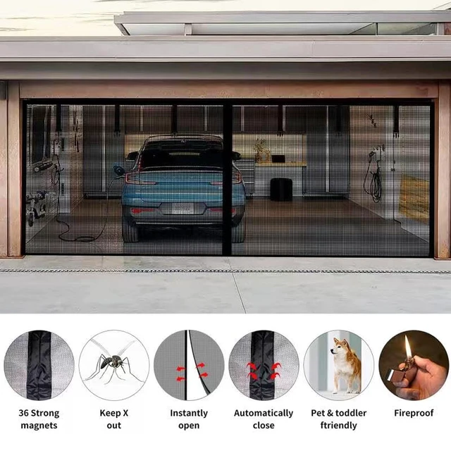 Alt view image 4 of 7 - Magnetic Garage Screen Door for 2 Car Garage Doors 16x7FT- Reinforced Self Sealing Fiberglass Mesh Door with 6 Strapping Tapes, High Energy Magnets, Hands Free Door Screen with Closure Weighted Bottom