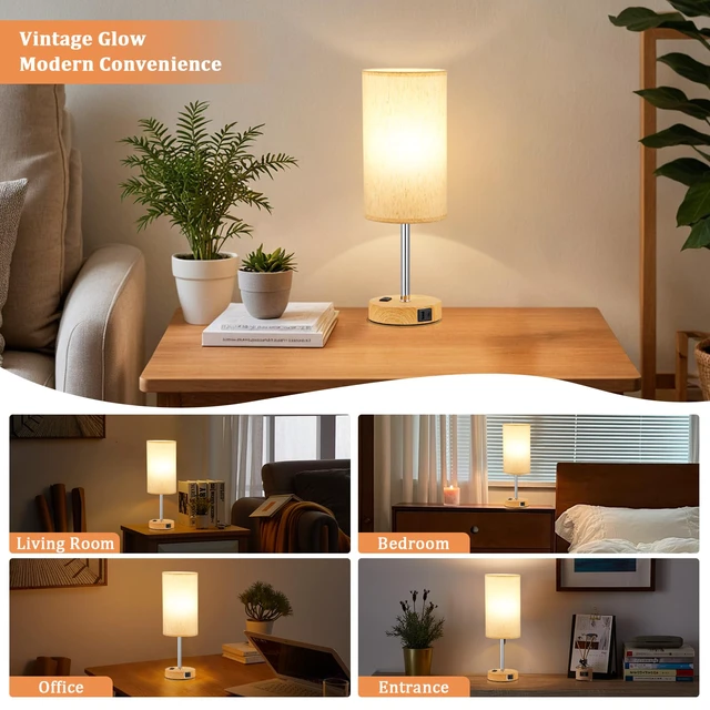 Alt view image 4 of 7 - Touch Bedside Table Lamps Set of 2 - Bedroom Lamp with USB A+C, AC Outlet 17" Tall Nightstand Lamp for Dorm, 3-Way Dimmable, LED Bulb Included, Linen-Texture Fabric Lampshade, Wood-Grain Metal Base