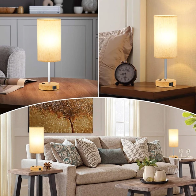 Alt view image 7 of 7 - Touch Bedside Table Lamps Set of 2 - Bedroom Lamp with USB A+C, AC Outlet 17" Tall Nightstand Lamp for Dorm, 3-Way Dimmable, LED Bulb Included, Linen-Texture Fabric Lampshade, Wood-Grain Metal Base