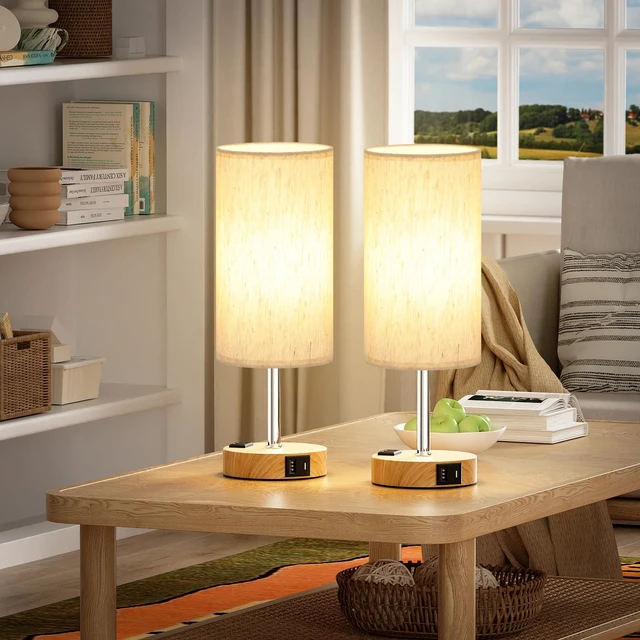 Alt view image 6 of 7 - Touch Bedside Table Lamps Set of 2 - Bedroom Lamp with USB A+C, AC Outlet 17" Tall Nightstand Lamp for Dorm, 3-Way Dimmable, LED Bulb Included, Linen-Texture Fabric Lampshade, Wood-Grain Metal Base