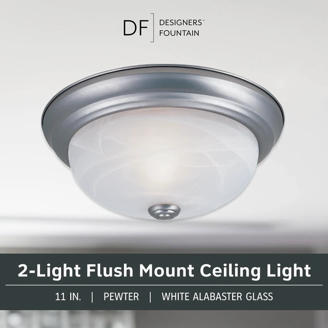 Alt view image 2 of 6 - Reedley 2-Lights Flush Mount Ceiling Light, 11 Inch Lighting Fixture for Kitchen, Bedroom, Bathroom, and Hallway, White Alabaster Glass, Pewter, 1257S-PW-AL