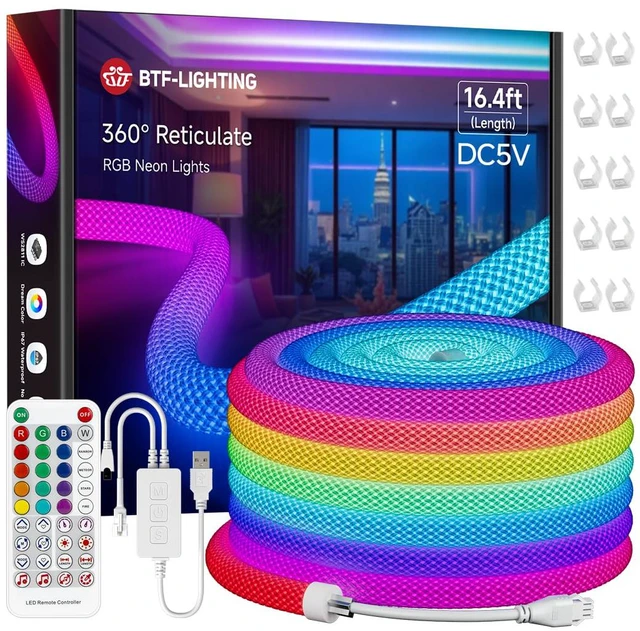 Main image of 16.4FT WS2812B IC RGB Addressable Neon Rope Strip Kit DC5V IP67 360 Degree Round Reticulate Pattern Chasing Color WS2811 Flexible Rope Light with Bluetooth controller(No Adapter)
