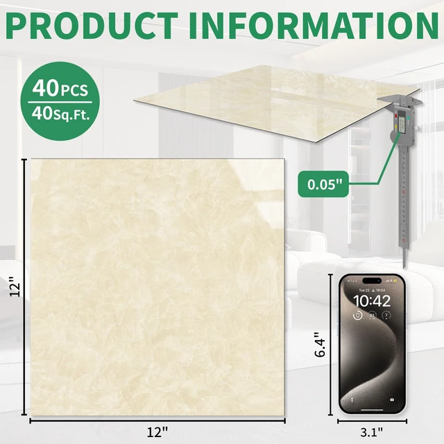 Alt view image 3 of 7 - 40-Pack 40 Sq.Ft Peel and Stick Floor Tiles Vinyl Polish Pattern Flooring, 12 x 12 Self Adhesive Vinyl Flooring DIY for Kitchen, Bathroom, Laundry, Polish Cream Marble
