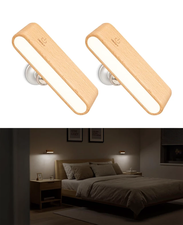 Main image of 2Pack Battery Operated Wall Sconce, Wood Magnetic 360° Rotation 4000K Nautral Light, Touch Adjustable, Bedside Reading Lights, Headboard Lighting, Magnetic Wall Light, Beech