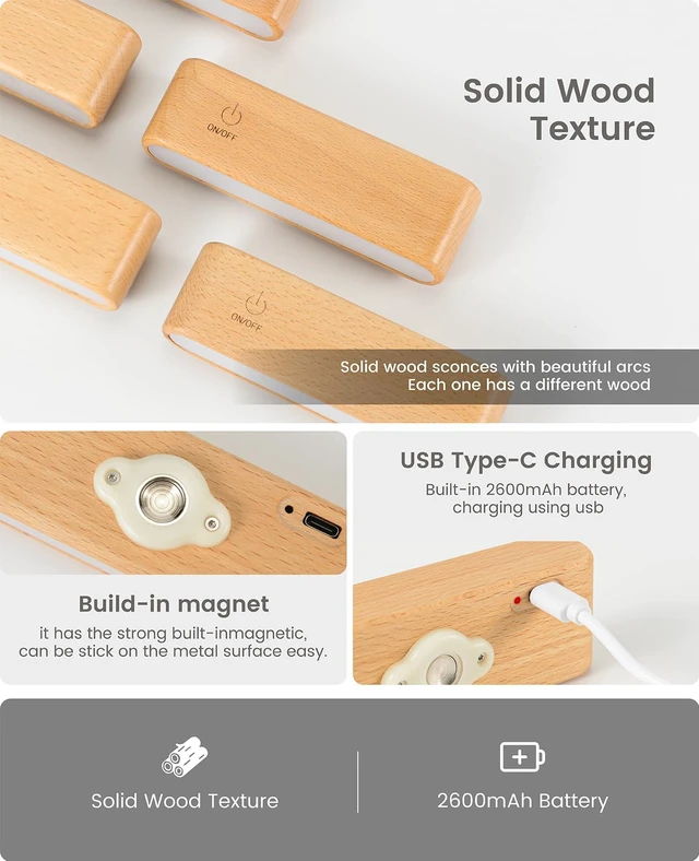 Alt view image 3 of 7 - 2Pack Battery Operated Wall Sconce, Wood Magnetic 360° Rotation 4000K Nautral Light, Touch Adjustable, Bedside Reading Lights, Headboard Lighting, Magnetic Wall Light, Beech