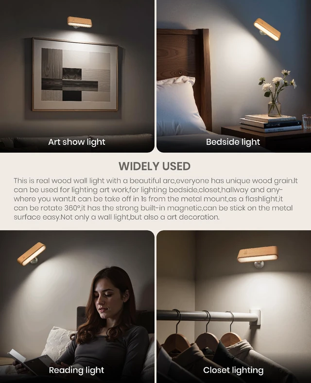 Alt view image 5 of 7 - 2Pack Battery Operated Wall Sconce, Wood Magnetic 360° Rotation 4000K Nautral Light, Touch Adjustable, Bedside Reading Lights, Headboard Lighting, Magnetic Wall Light, Beech
