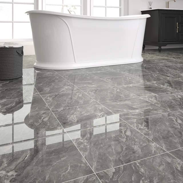 Main image of 40-Pack Peel and Stick Floor Tiles Vinyl Floor 12 x 12 inch Self Adhesive Waterproof Flooring Planks DIY for Bathroom, Living Room, RV, Kitchen, Cover 40 Sq. Ft, Polish Dark Grey Marble