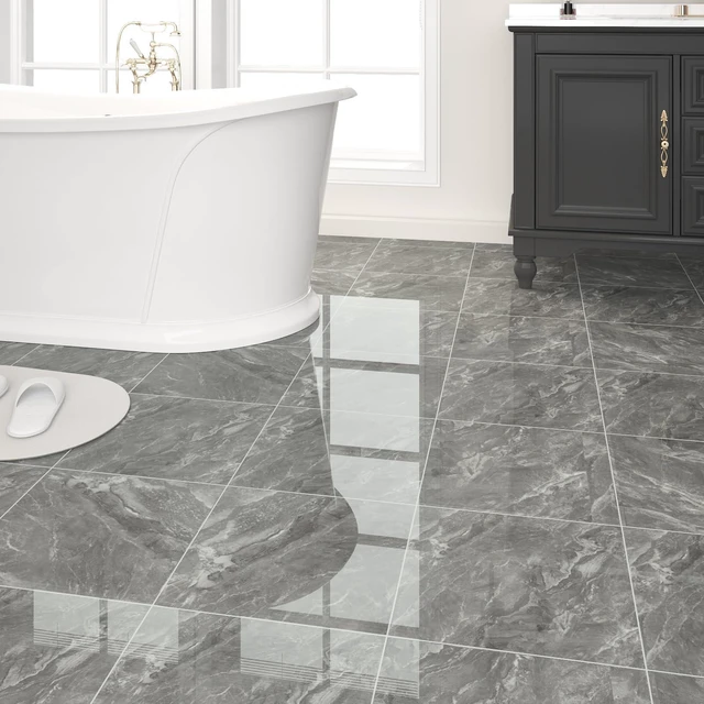 Alt view image 2 of 7 - 40-Pack Peel and Stick Floor Tiles Vinyl Floor 12 x 12 inch Self Adhesive Waterproof Flooring Planks DIY for Bathroom, Living Room, RV, Kitchen, Cover 40 Sq. Ft, Polish Dark Grey Marble