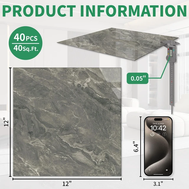 Alt view image 4 of 7 - 40-Pack Peel and Stick Floor Tiles Vinyl Floor 12 x 12 inch Self Adhesive Waterproof Flooring Planks DIY for Bathroom, Living Room, RV, Kitchen, Cover 40 Sq. Ft, Polish Dark Grey Marble