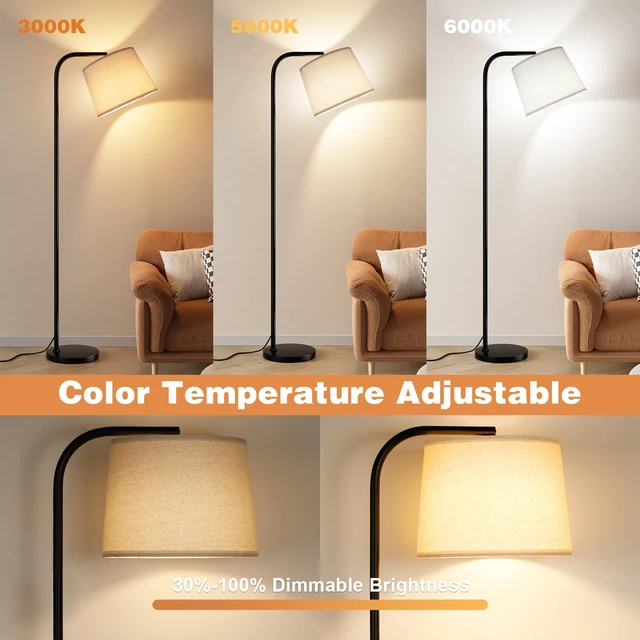 Alt view image 3 of 7 - Remote-Controlled Floor Lamp - Color Temperature Adjustable and Fully Dimmable, Standing Lamp for Living Room with Rotating Head, Tall Lamp for Bedroom, 9W Bulb Included (Black and Beige)