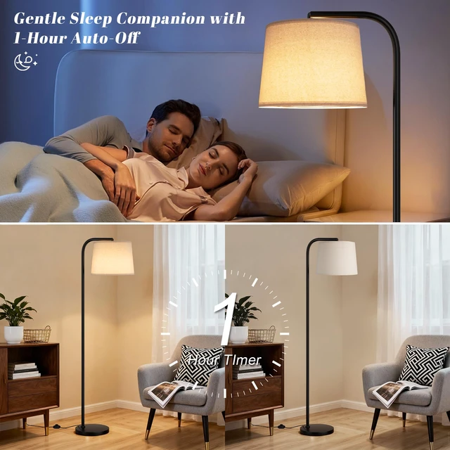 Alt view image 4 of 7 - Remote-Controlled Floor Lamp - Color Temperature Adjustable and Fully Dimmable, Standing Lamp for Living Room with Rotating Head, Tall Lamp for Bedroom, 9W Bulb Included (Black and Beige)