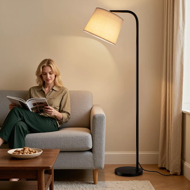 Alt view image 6 of 7 - Remote-Controlled Floor Lamp - Color Temperature Adjustable and Fully Dimmable, Standing Lamp for Living Room with Rotating Head, Tall Lamp for Bedroom, 9W Bulb Included (Black and Beige)