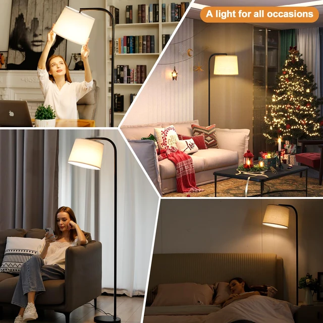 Alt view image 7 of 7 - Remote-Controlled Floor Lamp - Color Temperature Adjustable and Fully Dimmable, Standing Lamp for Living Room with Rotating Head, Tall Lamp for Bedroom, 9W Bulb Included (Black and Beige)