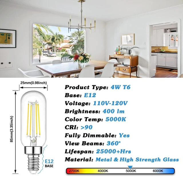 Alt view image 3 of 7 - E12 LED Light Bulbs 40 Watt Equivalent, 4W Candelabra Dimmable Edison Bulbs, 5000K Daylight White T6 LED Bulbs for Chandelier Ceiling Fan Light 400LM, Vintage T25 Tubular Small Filament Bulbs, 6 Packs
