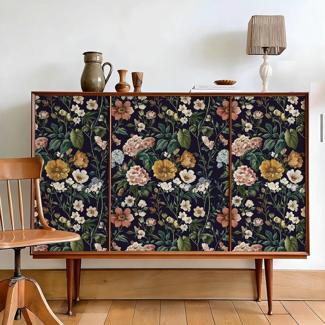 Alt view image 3 of 7 - Floral Peel and Stick Wallpaper Floral Contact Paper 16.9"x393.7" Dark Flower Wallpaper Neutral Boho Self Adhesive Removable Wall Paper for Cabinets Bathroom Waterproof Decorative Vinyl