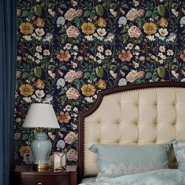 Alt view image 2 of 7 - Floral Peel and Stick Wallpaper Floral Contact Paper 16.9"x393.7" Dark Flower Wallpaper Neutral Boho Self Adhesive Removable Wall Paper for Cabinets Bathroom Waterproof Decorative Vinyl