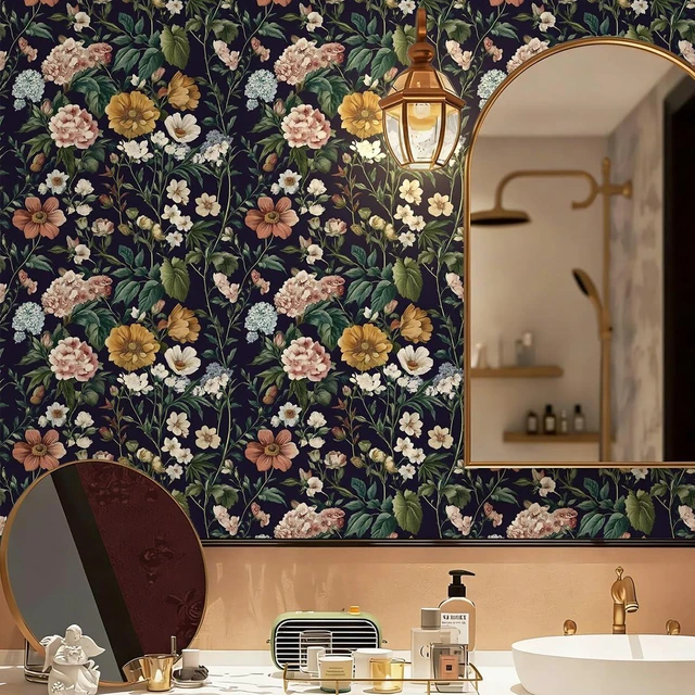 Alt view image 4 of 7 - Floral Peel and Stick Wallpaper Floral Contact Paper 16.9"x393.7" Dark Flower Wallpaper Neutral Boho Self Adhesive Removable Wall Paper for Cabinets Bathroom Waterproof Decorative Vinyl