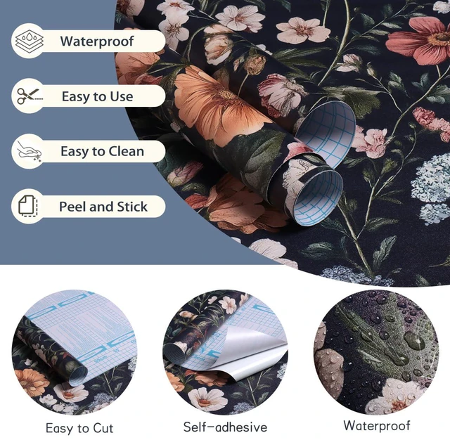 Alt view image 5 of 7 - Floral Peel and Stick Wallpaper Floral Contact Paper 16.9"x393.7" Dark Flower Wallpaper Neutral Boho Self Adhesive Removable Wall Paper for Cabinets Bathroom Waterproof Decorative Vinyl