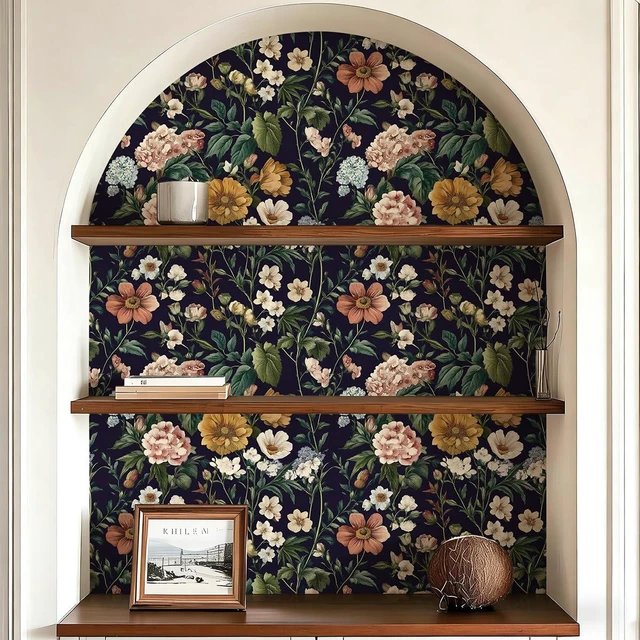Alt view image 6 of 7 - Floral Peel and Stick Wallpaper Floral Contact Paper 16.9"x393.7" Dark Flower Wallpaper Neutral Boho Self Adhesive Removable Wall Paper for Cabinets Bathroom Waterproof Decorative Vinyl