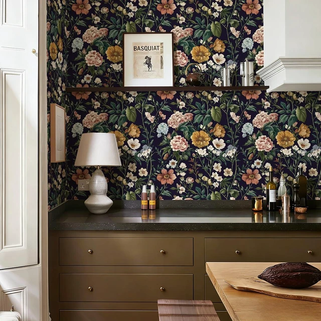 Alt view image 7 of 7 - Floral Peel and Stick Wallpaper Floral Contact Paper 16.9"x393.7" Dark Flower Wallpaper Neutral Boho Self Adhesive Removable Wall Paper for Cabinets Bathroom Waterproof Decorative Vinyl