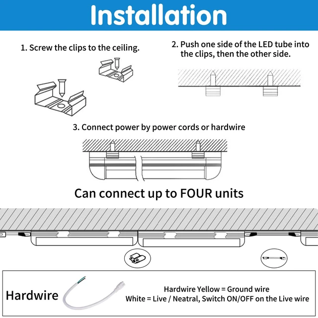 Alt view image 7 of 7 - Led Shop Light, Led Garage Light,2FT 25W 6500K Daylight 3200LM Linkable Clear Cover Integrated V-Shape for Shop Under Cabinet Office General Lighting,Cool White(4-Pack)