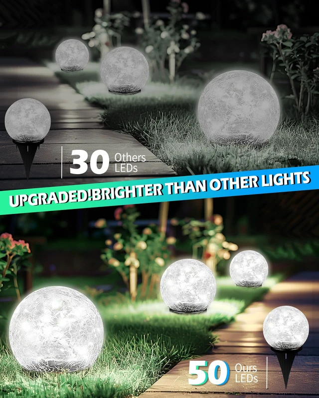Alt view image 2 of 4 - Garden Solar Ball Lights Outdoor Waterproof, 50 LED Cracked Glass Globe Power Ground for Path Yard Patio Lawn, Outdoor Decoration Landscape White 02(2 Pack 4.7'')