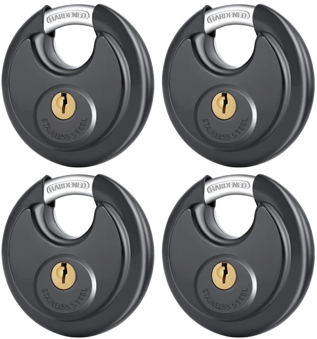 Main image of 4 Pack Black Keyed Padlock, 3/8 Inch Shackle Stainless Steel Disc Storage Locks with Keys for Outdoor Use