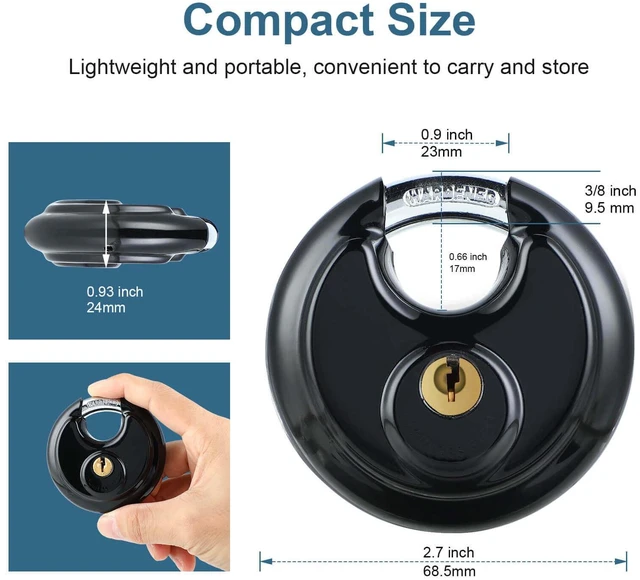 Alt view image 2 of 7 - 4 Pack Black Keyed Padlock, 3/8 Inch Shackle Stainless Steel Disc Storage Locks with Keys for Outdoor Use