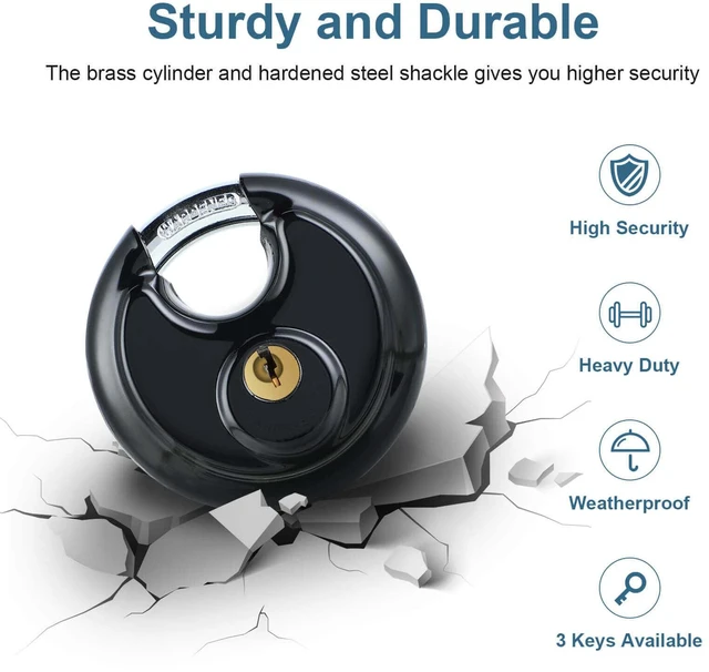 Alt view image 4 of 7 - 4 Pack Black Keyed Padlock, 3/8 Inch Shackle Stainless Steel Disc Storage Locks with Keys for Outdoor Use