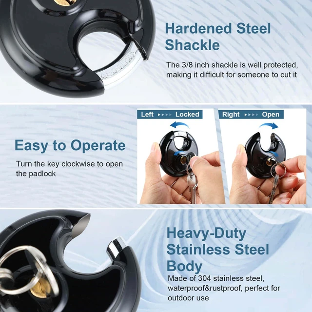 Alt view image 5 of 7 - 4 Pack Black Keyed Padlock, 3/8 Inch Shackle Stainless Steel Disc Storage Locks with Keys for Outdoor Use