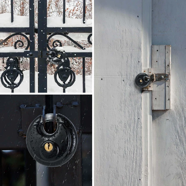 Alt view image 6 of 7 - 4 Pack Black Keyed Padlock, 3/8 Inch Shackle Stainless Steel Disc Storage Locks with Keys for Outdoor Use