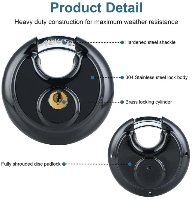 Alt view image 7 of 7 - 4 Pack Black Keyed Padlock, 3/8 Inch Shackle Stainless Steel Disc Storage Locks with Keys for Outdoor Use