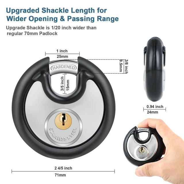 Alt view image 2 of 7 - Disc Padlocks with Key for Storage Unit,Rubber Bumper,4P Keyed Alike 3/8" Hardened Steel Shackle. 2-3/4" Stainless Steel Body. Heavy Duty Keyed Pad Lock for Gym Locker,Garage,Shed,Fence.Same Key