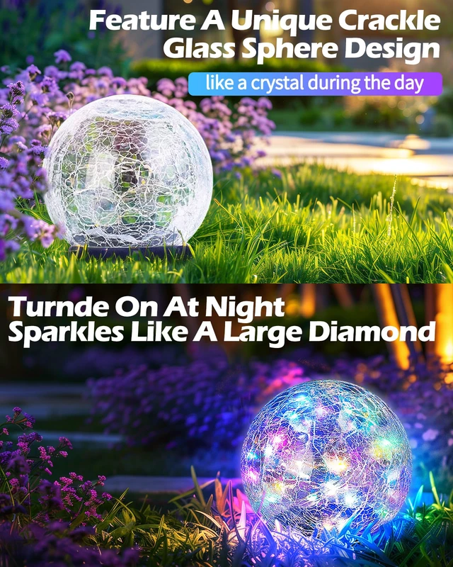 Alt view image 5 of 7 - Garden Solar Ball Lights Outdoor Waterproof, 50 LED Cracked Glass Globe Solar Power Ground Lights for Path Yard Patio Lawn, Outdoor Decoration Landscape Colorful(2 Pack 4.7'')