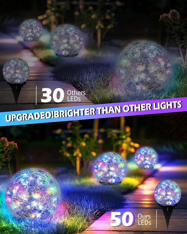 Alt view image 2 of 7 - Garden Solar Ball Lights Outdoor Waterproof, 50 LED Cracked Glass Globe Solar Power Ground Lights for Path Yard Patio Lawn, Outdoor Decoration Landscape Colorful(2 Pack 4.7'')