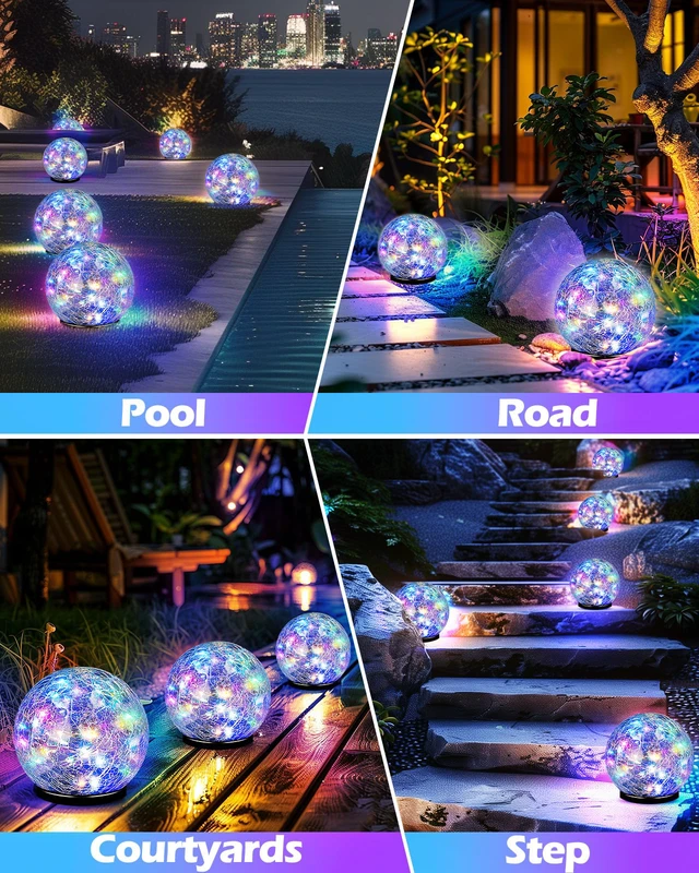 Alt view image 7 of 7 - Garden Solar Ball Lights Outdoor Waterproof, 50 LED Cracked Glass Globe Solar Power Ground Lights for Path Yard Patio Lawn, Outdoor Decoration Landscape Colorful(2 Pack 4.7'')