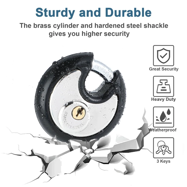 Alt view image 4 of 7 - Disc Padlocks with Key for Storage Unit,Rubber Bumper,4P Keyed Alike 3/8" Hardened Steel Shackle. 2-3/4" Stainless Steel Body. Heavy Duty Keyed Pad Lock for Gym Locker,Garage,Shed,Fence.Same Key