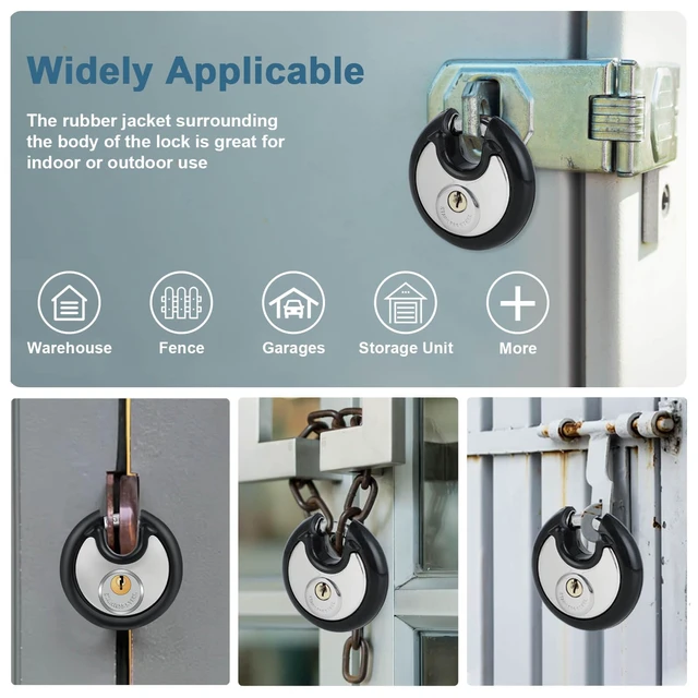 Alt view image 3 of 7 - Disc Padlocks with Key for Storage Unit,Rubber Bumper,4P Keyed Alike 3/8" Hardened Steel Shackle. 2-3/4" Stainless Steel Body. Heavy Duty Keyed Pad Lock for Gym Locker,Garage,Shed,Fence.Same Key