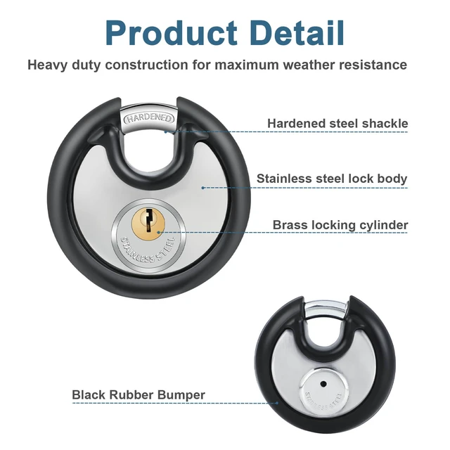 Alt view image 5 of 7 - Disc Padlocks with Key for Storage Unit,Rubber Bumper,4P Keyed Alike 3/8" Hardened Steel Shackle. 2-3/4" Stainless Steel Body. Heavy Duty Keyed Pad Lock for Gym Locker,Garage,Shed,Fence.Same Key