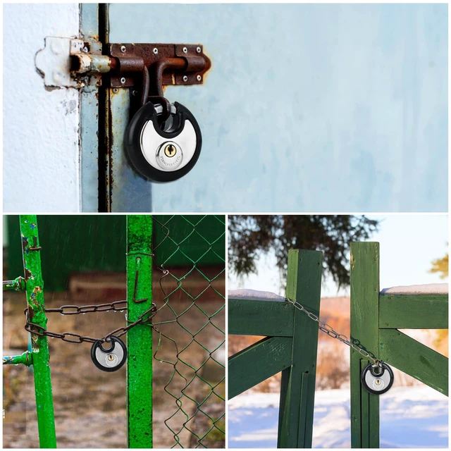 Alt view image 7 of 7 - Disc Padlocks with Key for Storage Unit,Rubber Bumper,4P Keyed Alike 3/8" Hardened Steel Shackle. 2-3/4" Stainless Steel Body. Heavy Duty Keyed Pad Lock for Gym Locker,Garage,Shed,Fence.Same Key