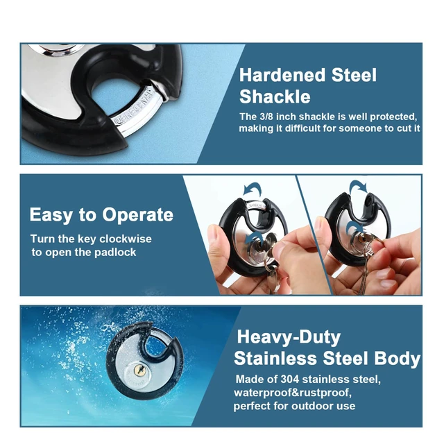 Alt view image 6 of 7 - Disc Padlocks with Key for Storage Unit,Rubber Bumper,4P Keyed Alike 3/8" Hardened Steel Shackle. 2-3/4" Stainless Steel Body. Heavy Duty Keyed Pad Lock for Gym Locker,Garage,Shed,Fence.Same Key