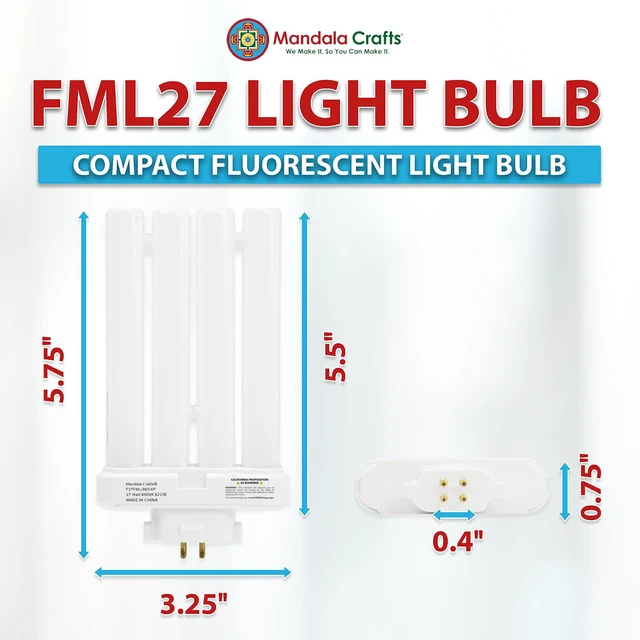 Alt view image 2 of 5 - Led FML27 27-Watt Compact Fluorescent Light Bulbs, 6 Pack 6500K, Quad Tubes, 4-Pin GX10q-4 Base, for Fixtures, Offices, Residential and Commercial Lighting