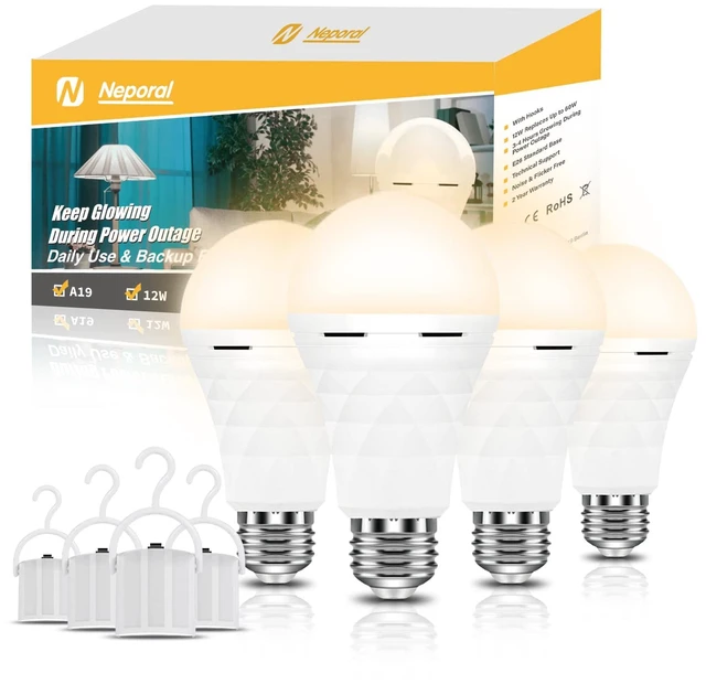 Main image of A19 Rechargeable Light Bulbs, Socket Rechargeable Emergency Light Bulb for Power Failure, Battery Backup Bulbs for Home, Hurricane, Led Bulb 60 Watt Equiv. (Soft White, 4 Count (Pack of 1))