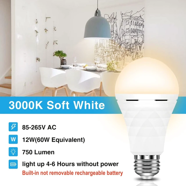 Alt view image 3 of 7 - A19 Rechargeable Light Bulbs, Socket Rechargeable Emergency Light Bulb for Power Failure, Battery Backup Bulbs for Home, Hurricane, Led Bulb 60 Watt Equiv. (Soft White, 4 Count (Pack of 1))